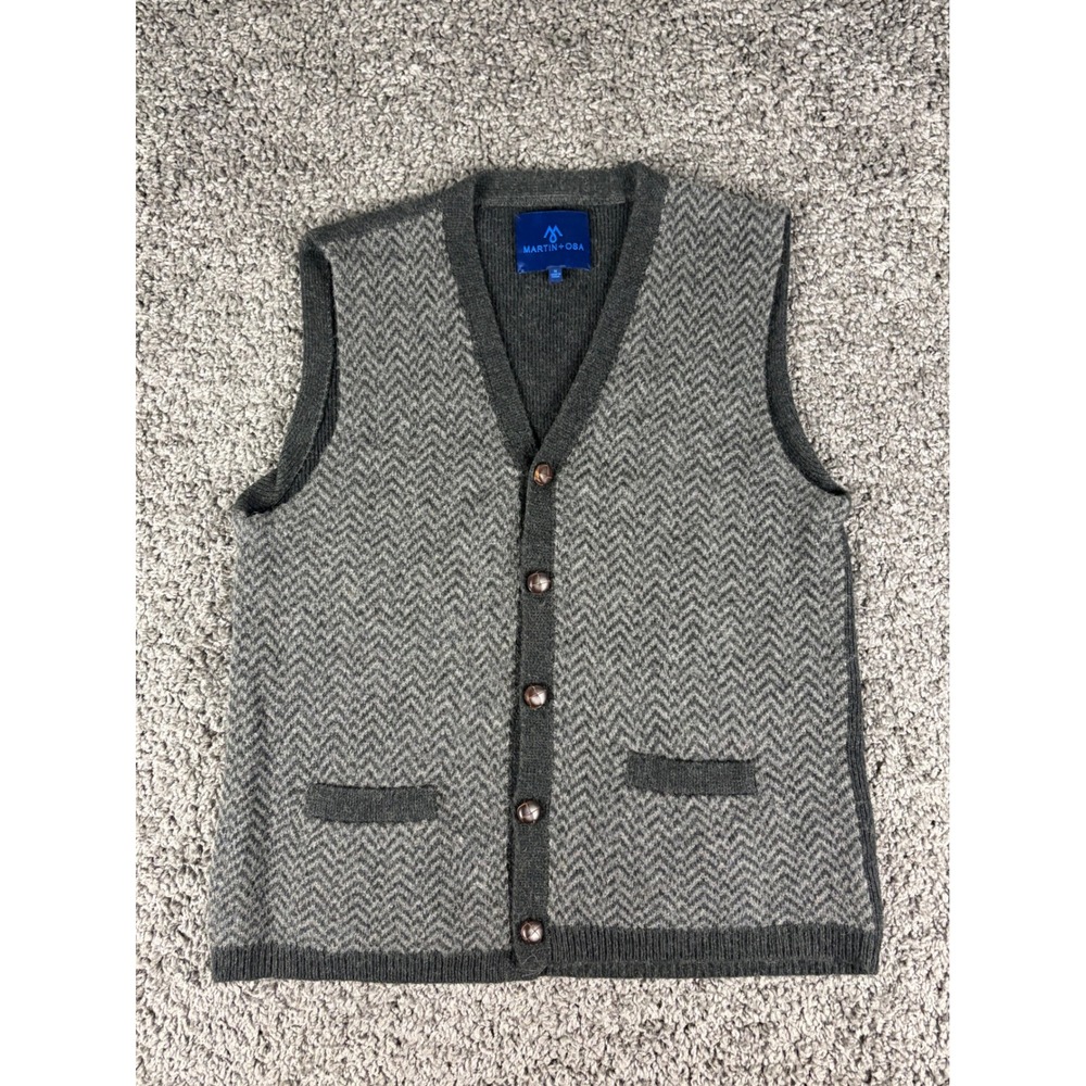 Martin + Osa Mens Grey Herringbone Wool Blend Button Cardigan Vest Medium